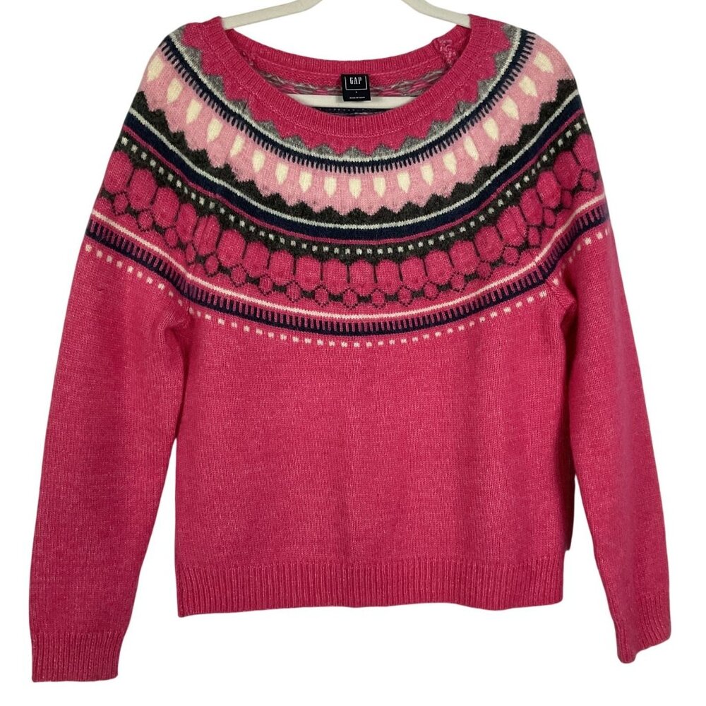 GAP Circular Fairisle Bright Pink Sweater, Large, Nylon/Acrylic/Mohair/Wool